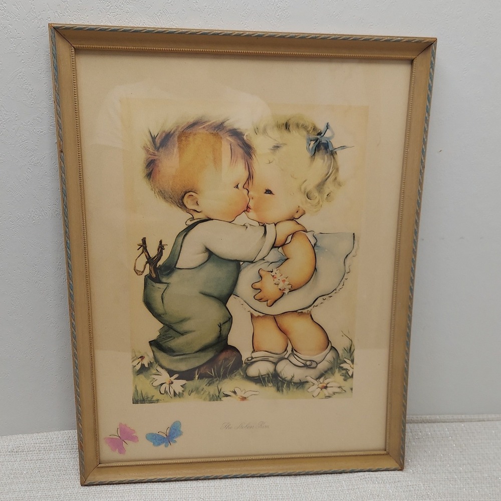 Vintage The Stolen Kiss Lithograph Herbert Dubler NY Child's Nursery 1946